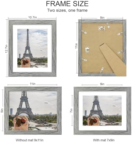 Hongkee 9x11 Picture Frame Set of 4, Made of Real Glass and Grey Frame - Display Picture 7x9 with Mat or 9x11 Without Mat, 9 by 11 Photo for Wall or Tabletop - Image 2