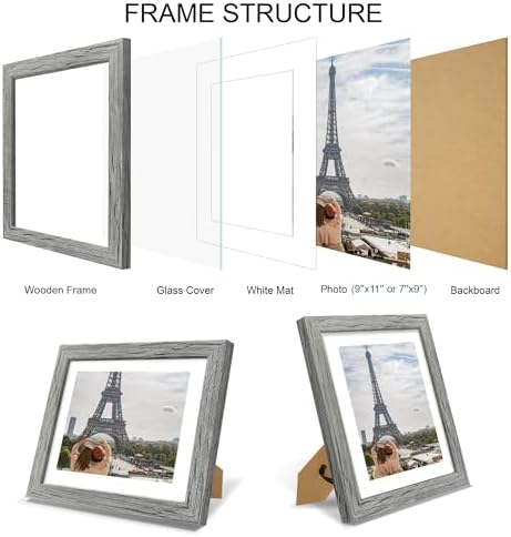 Hongkee 9x11 Picture Frame Set of 4, Made of Real Glass and Grey Frame - Display Picture 7x9 with Mat or 9x11 Without Mat, 9 by 11 Photo for Wall or Tabletop - Image 3