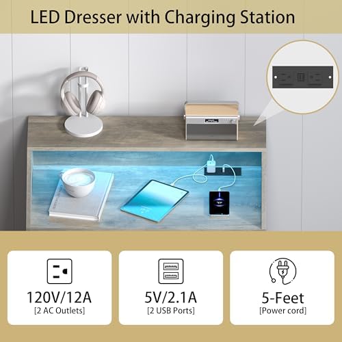 Wodeer Grey Dresser Tall 5 Drawer Dresser for Bedroom, Wood Chest of Drawers with LED Lights, Charging Station, Metal Handles, Modern Storage Cabinet and Organizer Drawers for Living Room, Hallway - Image 6