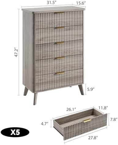 GarveeHome Fluted Dresser for Bedroom with 5 Deep Drawers, Grey - Image 2
