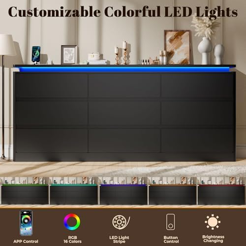 9 Drawer Dresser for Bedroom, 63" Long Black Chest of Drawers w/LED Lights - Image 4