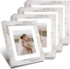 Hongkee 8x8 Picture Frames Set of 4, Made of Glass and Distressed White Wooden Frame - Display Picture 6x6 with Mat or 8 x 8 Without Mat, 8 by 8 Photo for Wall or Tabletop by Hongkee