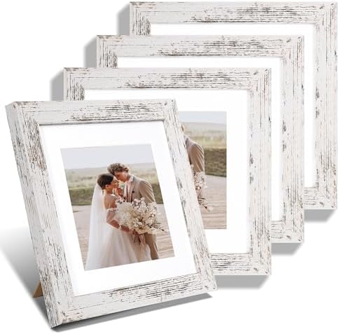 Hongkee 8x8 Picture Frames Set of 4, Made of Glass and Distressed White Wooden Frame - Display Picture 6x6 with Mat or 8 x 8 Without Mat, 8 by 8 Photo for Wall or Tabletop by Hongkee