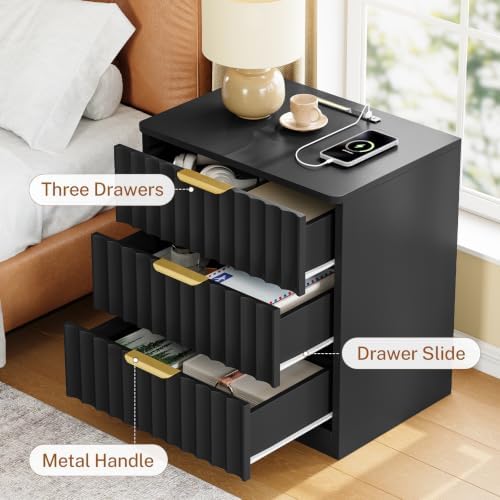 TEENFON Fluted Nightstands Set of 2, Night Stand with Charging Station and LED Light, Nightstand with 3 Storage Drawers, Bedside Table for Small Space, Bedroom, Black - Image 7