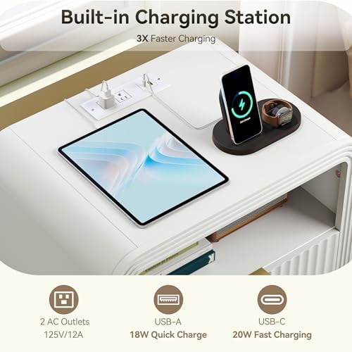 Decofy Fluted Nightstand Set of 2 with Charging Station, 2 Drawers, White - Image 4