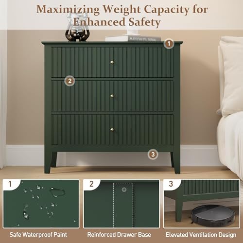 RoyalCraft Large 3 Drawer Dresser Set of 2, Fluted Chest of Drawers with Storage, Modern Painted 30 inch Tall Nightstand for Bedroom Living Room Entryway, Dark Green - Image 5