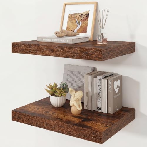 16" Rustic Brown Floating Shelves 12inch Deep Wall Shelf, Set of 2 by Ornawit