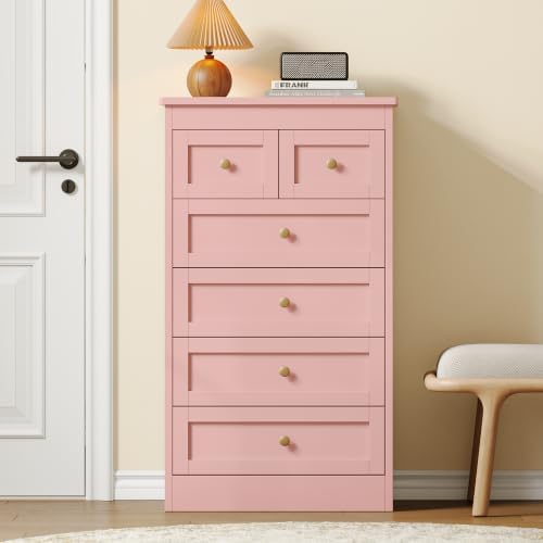 wanan Tall 6 Drawer Dresser for Bedroom, Pink Modern 43.3'' Tall Wood Chest of Drawers, Storage Organizer with Smooth Metal Rails & Anti-Tip Kit for Closet, Hallway, Living Room - Image 5