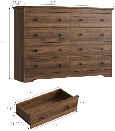 Dresser for Bedroom, 8 Drawer Dresser with Large Drawers, 51 Inch Wide Wood Chest for Living Room, Hallway, Walnut - Image 2