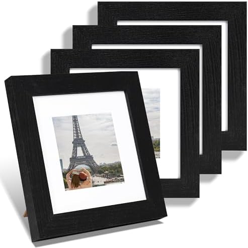 Hongkee 6x6 Picture Frame Set of 4, Made of Glass and Rustic Black Wooden Frame - Display Picture 4x4 with Mat or 6 x 6 Without Mat, 6x6 Photo for Wall or Tabletop by Hongkee