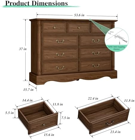 Farmhouse 9-Drawer Dresser with Charging Station for Bedroom - Image 2