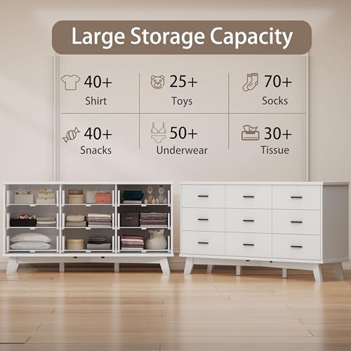 Xixini Dresser for Bedroom, 9 Drawer Wide Modern Chest of Drawers with X-Shaped Sturdy Base, Wood Double Dresser Closet Clothes Storage Organizer, Wooden TV Stand for Living Room, Hallway, White - Image 3