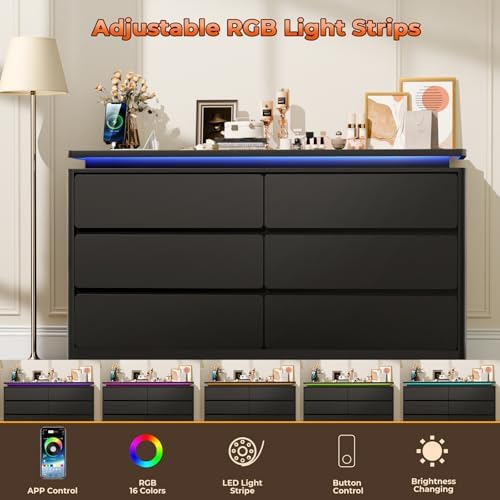 6 Drawer Dresser for Bedroom, 47.24" Black Chest of Drawers w/LED Lights - Image 5