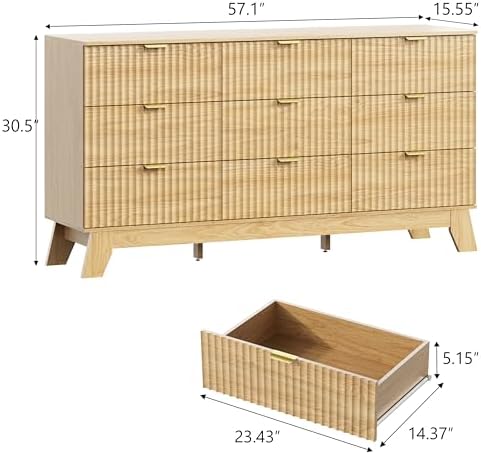 Wodeer 9 Drawer Fluted Dresser for Bedroom, Mid Century Modern Wooden Dresser with 9 Drawers, Dressers & Chests of Drawers with Metal Handle, TV Stand & Storage Organizer for Entryway, Hallway, Oak - Image 2