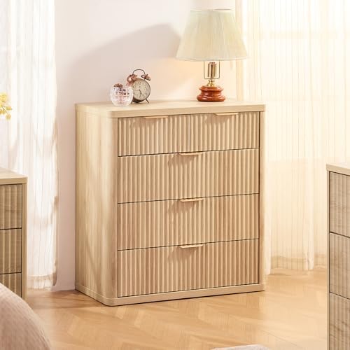 LEYAOYAO Fluted 5 Drawers Dresser for Bedroom Set of 2, 34" Tall Modern Chest of Drawers with Metal Handle, Curved Profile Design,Natural Wood Drawer Organizer for Bedroom,Living Room,Hallway,Natural - Image 5