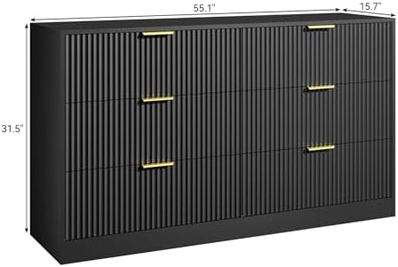 6 Drawers Fluted Dresser for Bedroom, 55" Wide Wooden Dresser with Deep Drawers, Large Floor Chest of Drawers, Modern Long TV Stand, Storage Cabinet Side Table, Black - Image 2