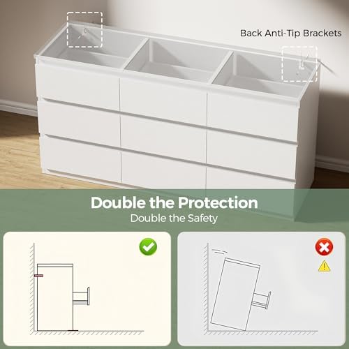 Jocoevol Modern 9 Drawer Dresser for Bedroom, Simply Chest of Drawers, Wood Storage Dresser with Deep Drawers for Living Room Hallway Entryway (White) - Image 5