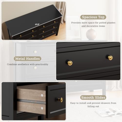 CARPETNAL 47" Black Dresser for Bedroom with Modern Gold Handles & 6 Drawer - Image 5