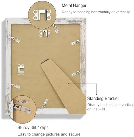 Hongkee 9x11 Picture Frame Set of 4, Made of Real Glass and Distressed White Frame - Display Picture 7x9 with Mat or 9x11 Without Mat, 9 by 11 Photo for Wall or Tabletop - Image 5