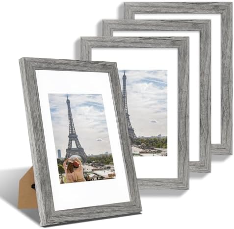 Hongkee 8x12 Picture Frame Set of 4, Made of Glass and Grey Wooden Frame - Display 6x8 Picture with Mat or 8 x 12 Poster Without Mat, 8 by 12 Photo for Wall or Tabletop by Hongkee