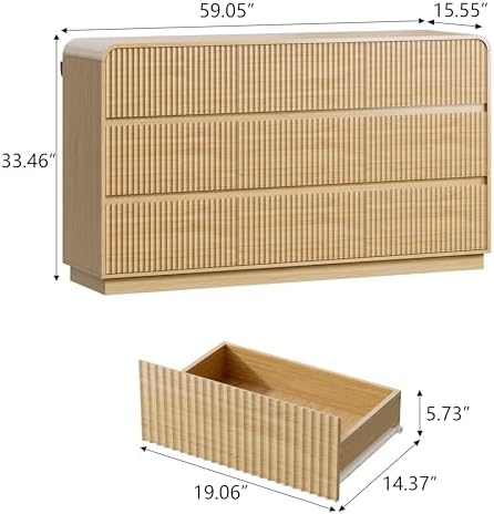 Wodeer Oak Dresser Fluted 9 Drawers Dresser for Bedroom, 59" Wide Wood Chest of Drawers with Hidden Handles & Rounded Corners, Modern TV Stand Storage Cabinet for Living Room, Hallway, Entryway - Image 2