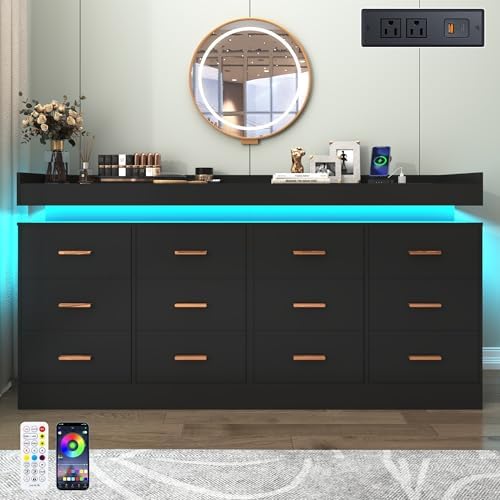 Hlivelood 12 Drawer Dresser with LED Light and Charging Station, Modern Chest of Drawers for Closet, Wide Drawer Organizer Cabinet, Living Room, Entryway, Hallway, Black - Image 3