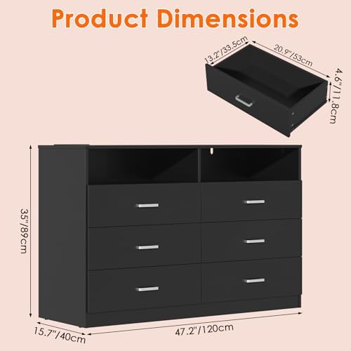 Bigbiglife Dresser for Bedroom, 6 Drawer Dresser with Charging Station and Led Light, Modern Chest of Drawers for Bedroom, Living Room,Black - Image 3
