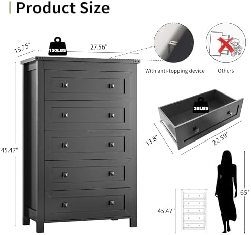 Xixini 45.5" Tall 5-Drawer Dresser for Bedroom, Chest of Drawers, Black - Image 2