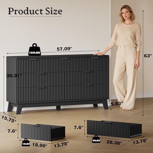 BORNOON 57" Long Dresser for Bedroom, 7-Drawer Fluted Chest, Wide Wood Storage Dresser with Metal Slides and Handles, Stable Base, Modern Clothes Organizer for Primary Suite, Guest Room, Nursery - Image 2