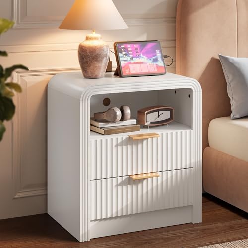 Decofy Fluted 2-Drawer Nightstand with Charging Station, White - Image 3