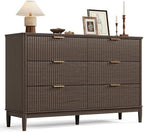 LINSY Fluted Dresser for Bedroom with 6 Drawers, Mid Century Modern Chest of Drawers with Gold Metal Handles, Wide Boho Wood Dressers, Large Farmhouse Storage Cabinet for Bedroom, Living Room, Walnut by Linsy