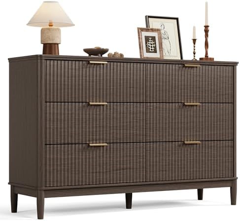 LINSY Fluted Dresser for Bedroom with 6 Drawers, Mid Century Modern Chest of Drawers with Gold Metal Handles, Wide Boho Wood Dressers, Large Farmhouse Storage Cabinet for Bedroom, Living Room, Walnut by Linsy