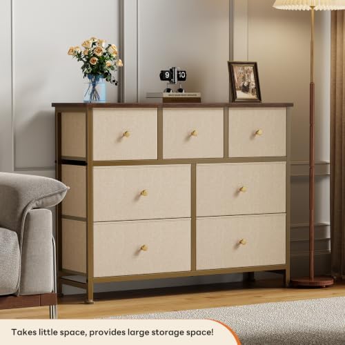 Sweetcrispy 7 Drawer Dresser for Bedroom Storage with Fabric Bins, Khaki - Image 4