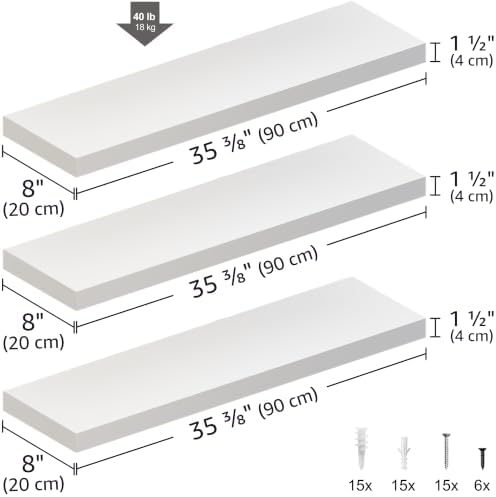 Ballucci Floating Shelves, 36" Long Wall Shelf, Set of 3, Wood Floating Shelves for Wall, Decorative Wall Shelves for Home Office, Living Room, Room Décor, 8" Deep, Set of 3, White - Image 3