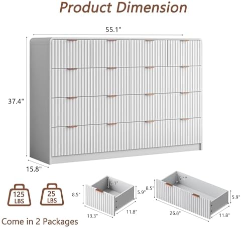 HOUROM 55“ Wide White Fluted Dresser for Bedroom with 10 Drawers - Image 2