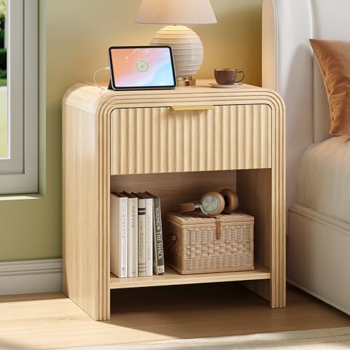 Decofy Fluted 1-Drawer Nightstand with Charging Station, Oak by Decofy
