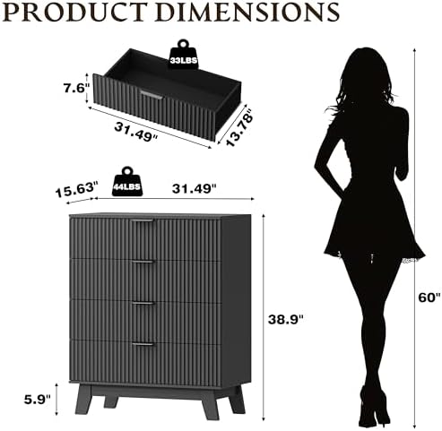 BORNOON 39" Tall Dresser for Bedroom, 4-Drawer Fluted Chest of Drawers, Modern Wood Highboy with Deep Storage, Metal Slides & Handles, Anti-Tip Kit, Vertical Clothes Organizer for Apartment, Nursery - Image 2