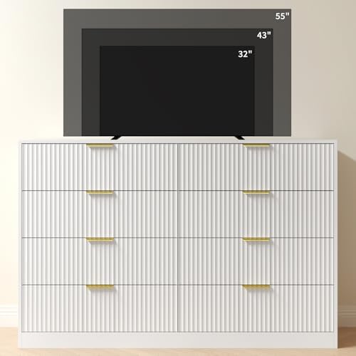 White Dresser with 8 Drawer 55" Wide Fluted Dresser for Bedroom丨Double Drawer Dresser Modern Chest of Drawers with Gold Handle, Wood TV Stand for Bedroom, Living Room, Entryway, White - Image 6