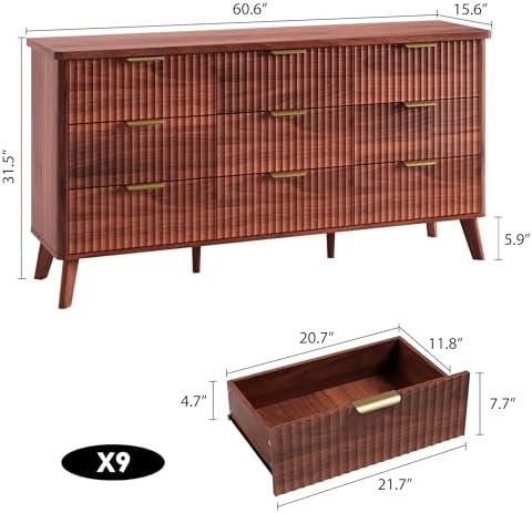 GarveeHome Fluted Dresser for Bedroom with 9 Deep Drawers, Walnut - Image 2