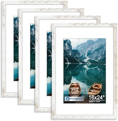 Hongkee 16x24 Frame Set of 4, 16 x 24 Distressed White Wood(Mat 12x18) by Hongkee