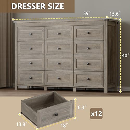 BORNOON 12-Drawer Dresser, Modern Wooden Storage Chest of Drawers, Dresser TV Stand, Wood Drawer Organizer with Metal Handles for Bedroom, Living Room, Hallway - Image 2