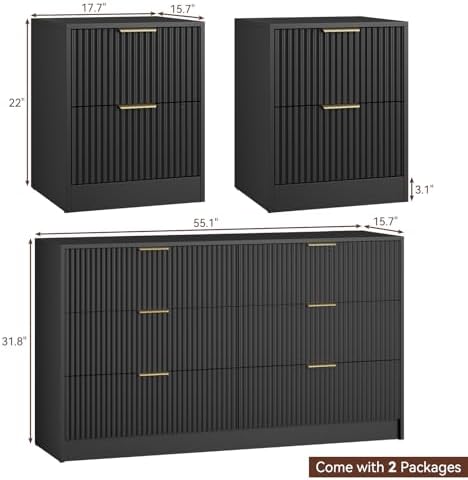 6 Drawer Dresser & 2-Drawer Nightstand Set 3-Piece, Black丨55 Wide Bedroom Set Night Stand Set of 2 with Metal Handle, Fluted Wood Chest of Drawers Storage Dressers Set for Bedroom - Image 2