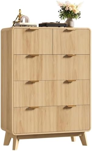 QUW Fluted 5 Drawers Dresser for Bedroom, Modern 40.2" Tall Drawer Dressers with Metal Handle, Wooden Chest of Dresser for Living Room, Hallway, Solid Wood Legs, Curved Profile Design, Natural Oak by QUW