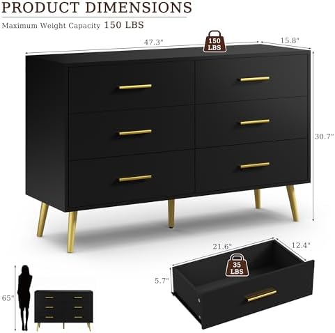 Black 6 Drawer Dresser for Bedroom, 47" Wood Dresser with Gold Handles. - Image 2