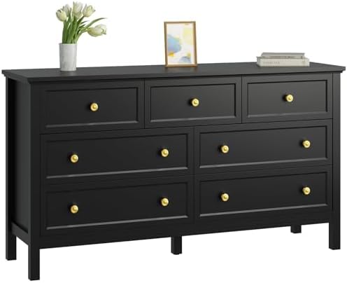 CARPETNAL 55" Black Dresser for Bedroom with 7 Drawers & Modern Gold Handle by CARPETNAL