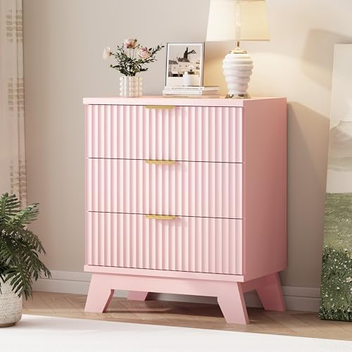 Xixini Fluted Dresser for Bedroom with 3 Drawers, 24" Wide Modern Chest of Drawers with Metal Handle, Wooden Dresser TV Stand, Wood Closet Clothes Storage Organizer for Living Room, Hallway, Pink by Xixini