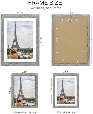 Hongkee 10x14 Picture Frame Set of 4, Made of Glass and Grey Wooden Frame, Display 8x12 Pictures with Mat or 30 x 40cm Diamond Painting Art without Mat for Wall Mounting, Gallery Photo Frames - Image 2
