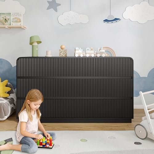 BORNOON Dresser for Bedroom with 9 Drawers, Fluted Chest of Drawers with Round Curved Corner, Hidden Handles, Modern Wood Storage Organizer for Bedroom, Nursery, Living Room - Image 7