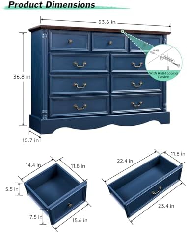 Farmhouse 9-Drawer Dresser with Charging Station for Bedroom - Image 2