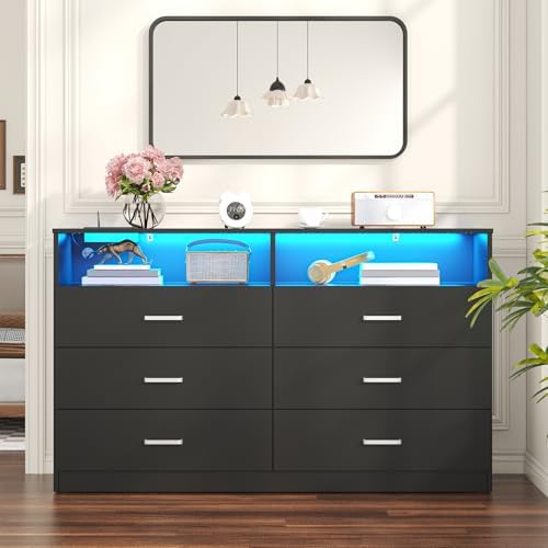 Bigbiglife Dresser for Bedroom, 6 Drawer Dresser with Charging Station and Led Light, Modern Chest of Drawers for Bedroom, Living Room,Black - Image 2